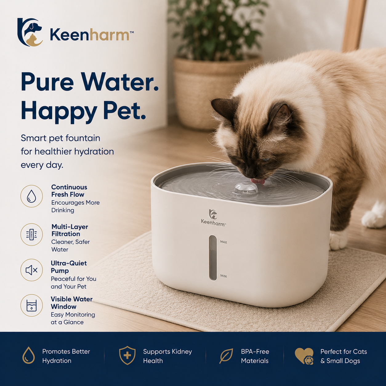 Keenharm™ PureStream Modern Pet Water Fountain